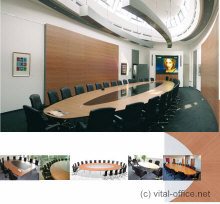 Large conference table systems with acoustic wall panels and media cabinets